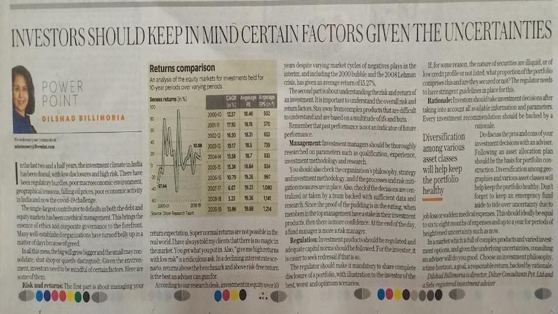 Dilshad in MINT on Investment Guidelines to follow in the current uncertainty